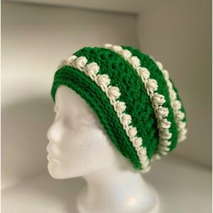 Hand made, crocheted green and white beanie, slouchy hat
